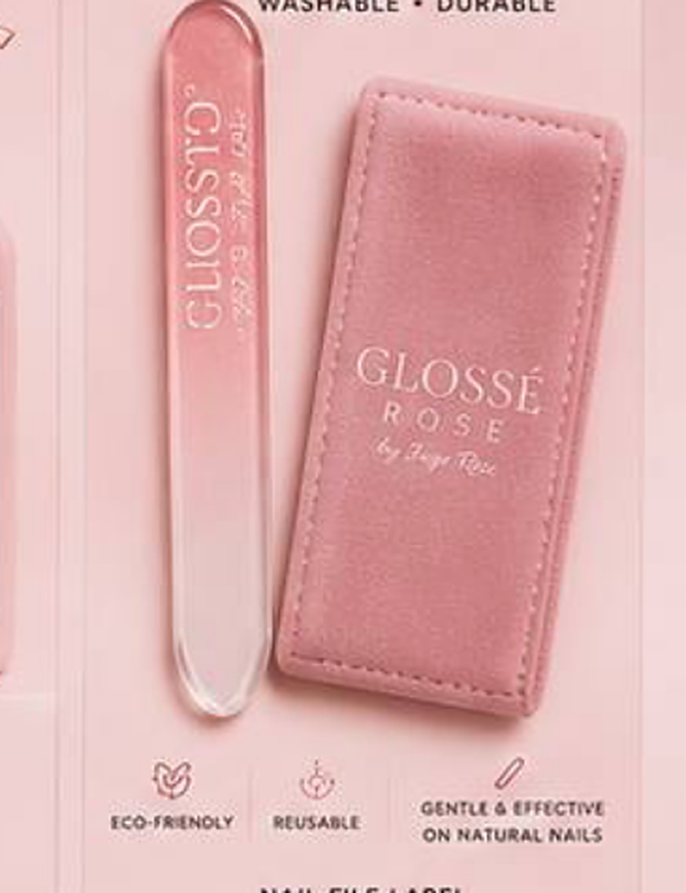 Glossé Rose Reusable Glass Nail File with velvet sleeve